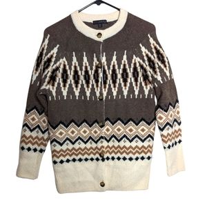 J. Crew Fair Isle Cardigan Cream Brown Button Down Wool Alpaca Sweater Size XS